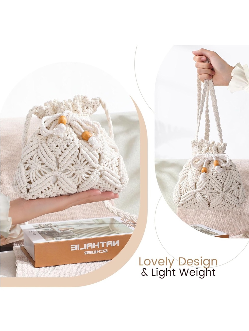 White Crochet Drawstring Mini Bag - Picture 2 of 8